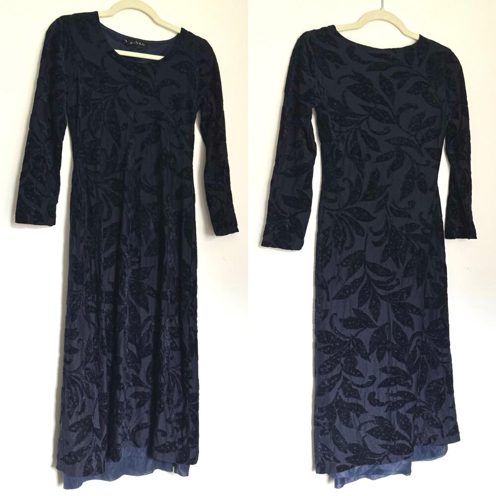 Pinko Made in Italy Navy Blue Floral Velvet Dress